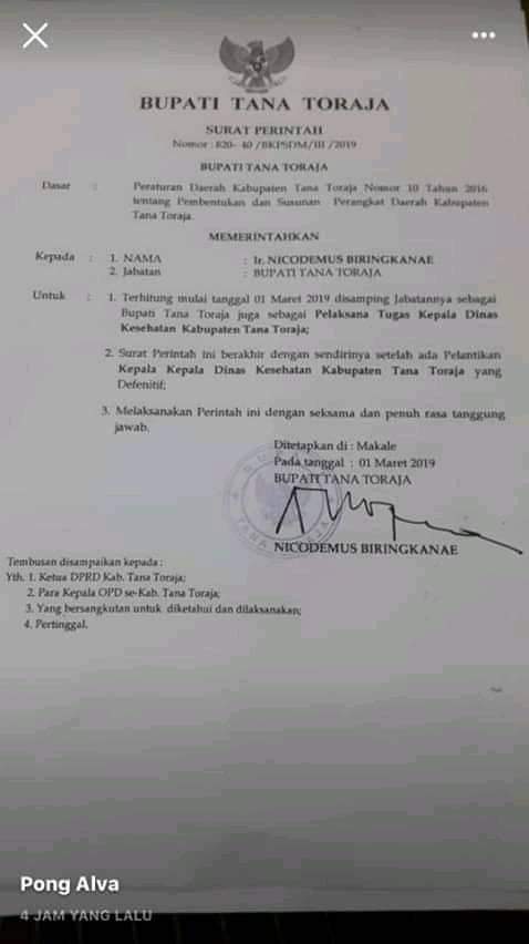 Jadi Plt.Kadis Kesehatan, Bupati Tana Toraja Dianggap Melanggar