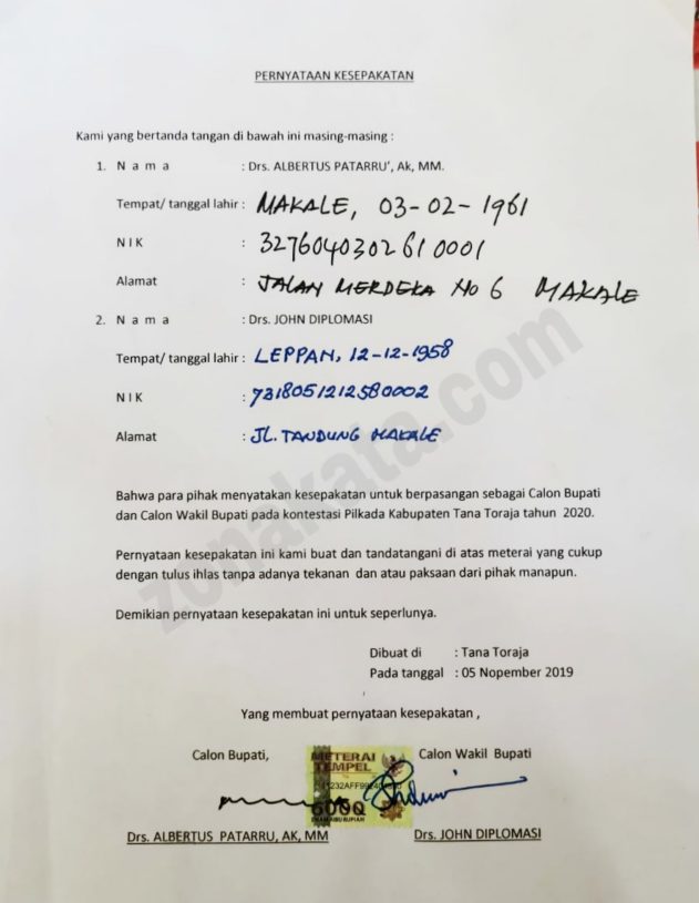 Albert Perkenalkan John Diplomasi Sebagai Wakilnya di Pilkada Tana Toraja
