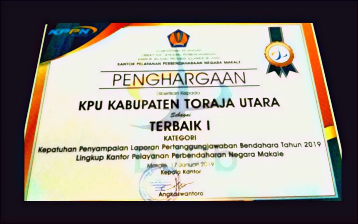 Laporan Terbaik, KPU Toraja Utara di Ganjar Penghargaan oleh KPPN