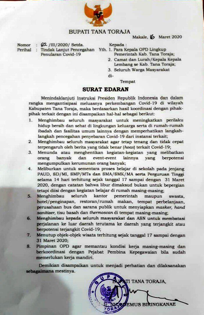 Antisipasi Virus Covid-19, Seluruh Objek Wisata di Tana Toraja di Tutup dan Sekolah Diliburkan 2 Antisipasi Virus Covid-19, Seluruh Objek Wisata di Tana Toraja di Tutup dan Sekolah Diliburkan