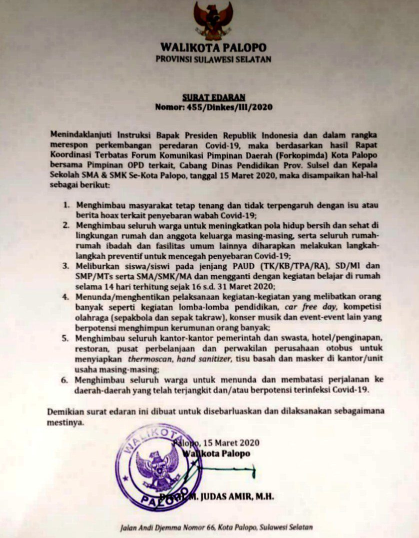 Tangkal Penyebaran Corona, Walikota Palopo Liburkan Sekolah Selama 14 Hari 2 Tangkal Penyebaran Corona, Walikota Palopo Liburkan Sekolah Selama 14 Hari