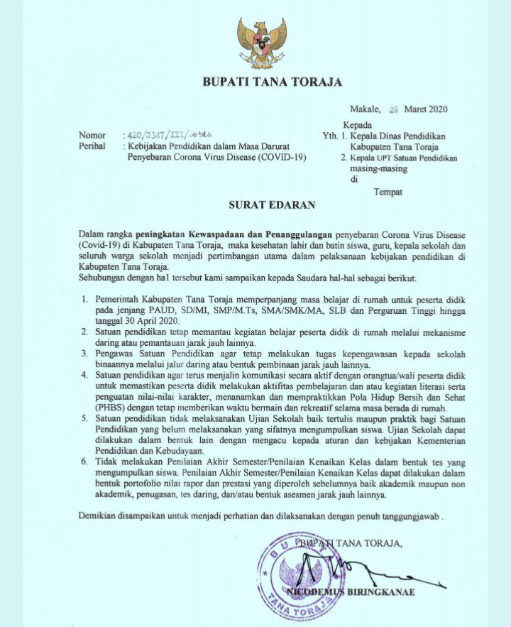 Masa Darurat Penyebaran Virus Corona, Bupati Tana Toraja Perpanjang Masa Libur Anak Sekolah 2 Masa Darurat Penyebaran Virus Corona, Bupati Tana Toraja Perpanjang Masa Libur Anak Sekolah