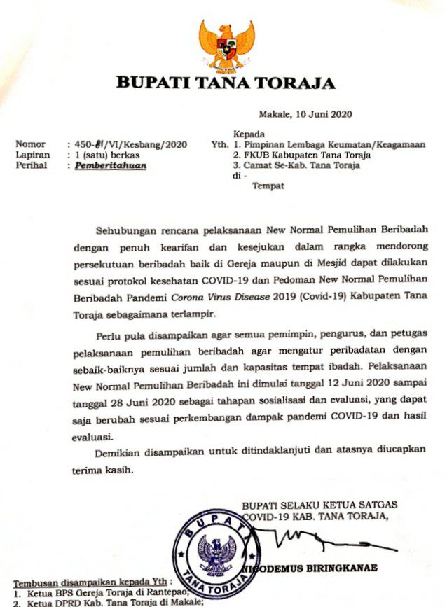 'New Normal' Pemulihan Beribadah di Tana Toraja Mulai di Terapkan, Ini Pedomannya