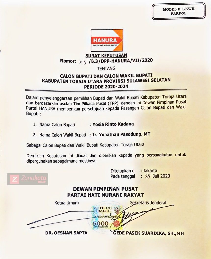 Sah!!..Partai Hanura Usung Rinto-Pasodung di Pilkada Toraja Utara 2 Sah!!..Partai Hanura Usung Rinto-Pasodung di Pilkada Toraja Utara