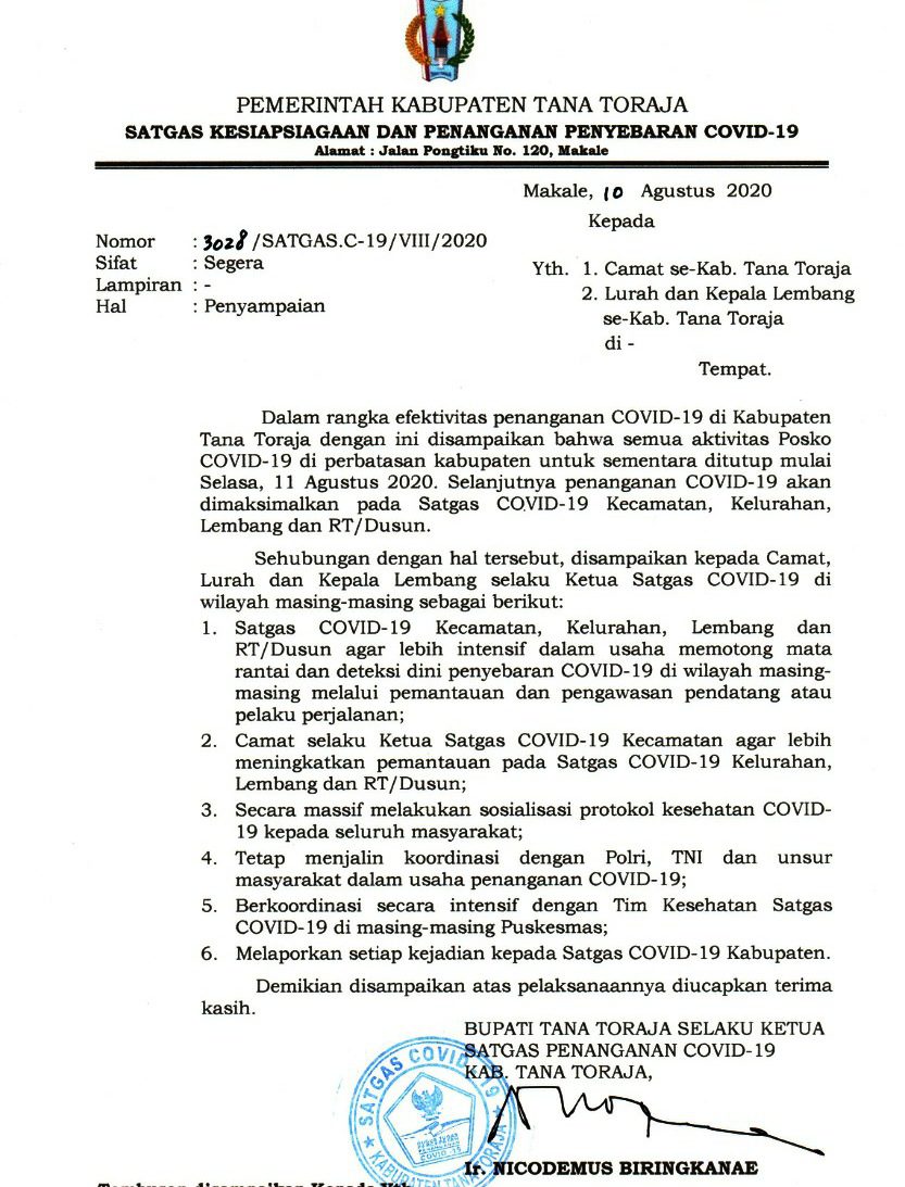Bupati Tana Toraja Tutup Posko Satgas Covid-19 di Perbatasan 2 Bupati Tana Toraja Tutup Posko Satgas Covid-19 di Perbatasan