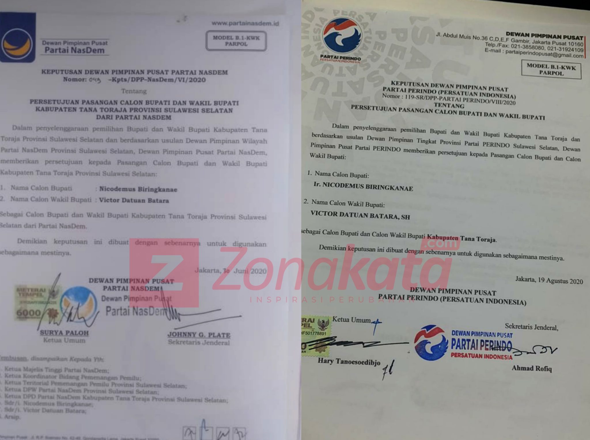 Nico-Victor Resmi Kantongi B1 KWK Partai Nasdem dan Perindo