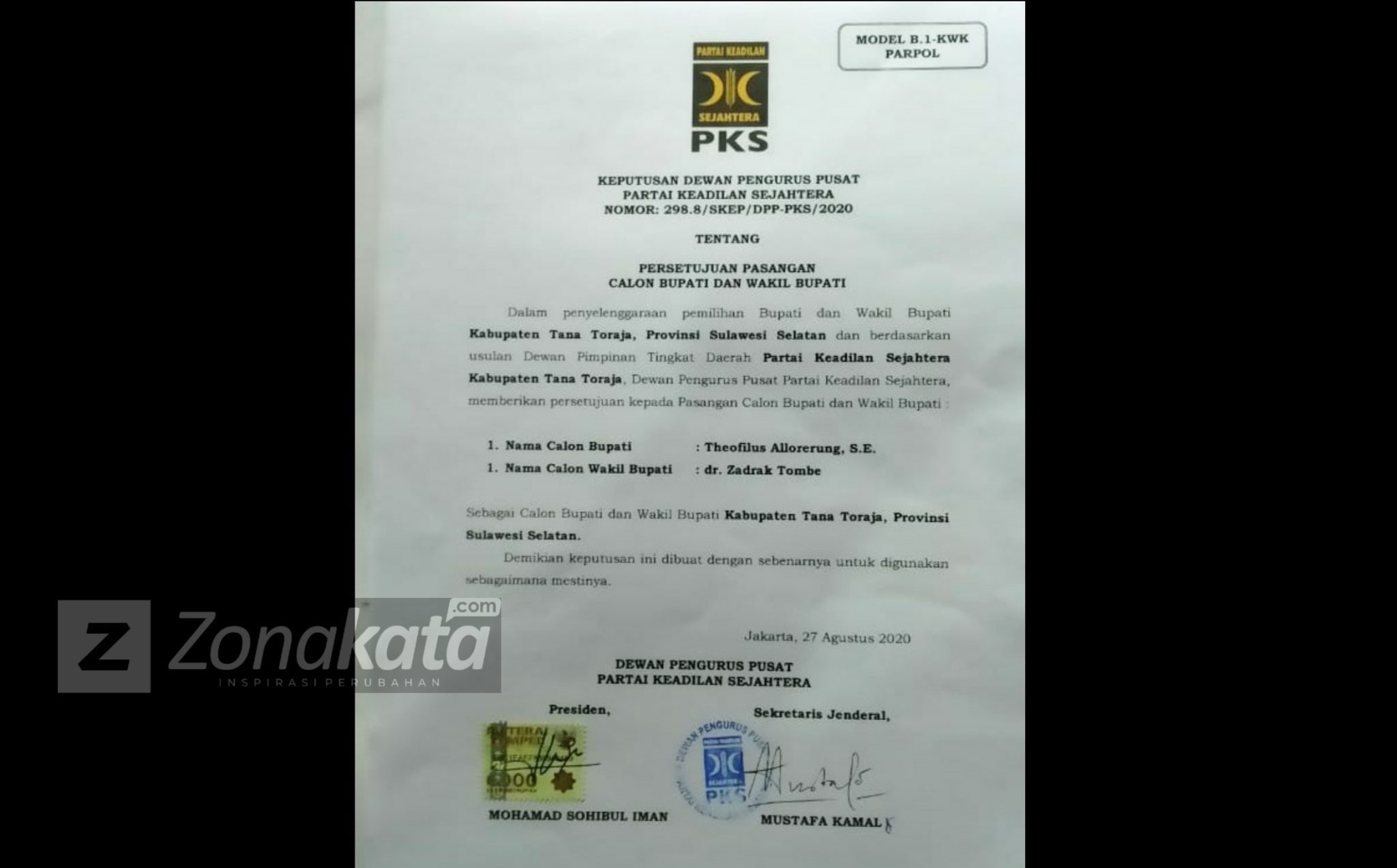 Partai Keadilan Sejahtera (PKS) Dukung Theo-Zadrak di Pilkada Tana Toraja