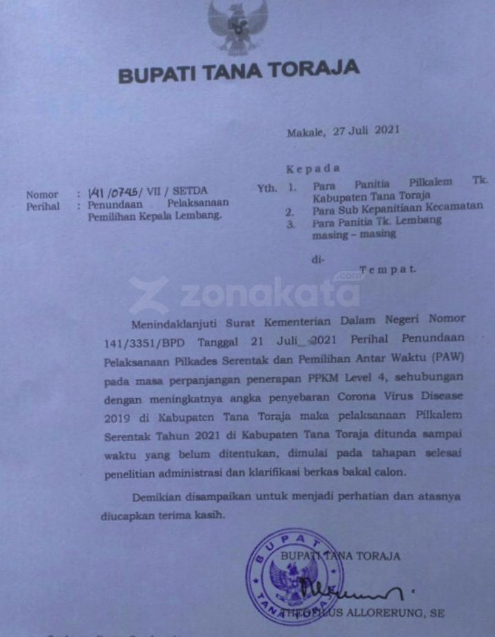 Adanya PPKM, Pemkab Tana Toraja Kembali Tunda PILKALEM 2 Adanya PPKM, Pemkab Tana Toraja Kembali Tunda PILKALEM