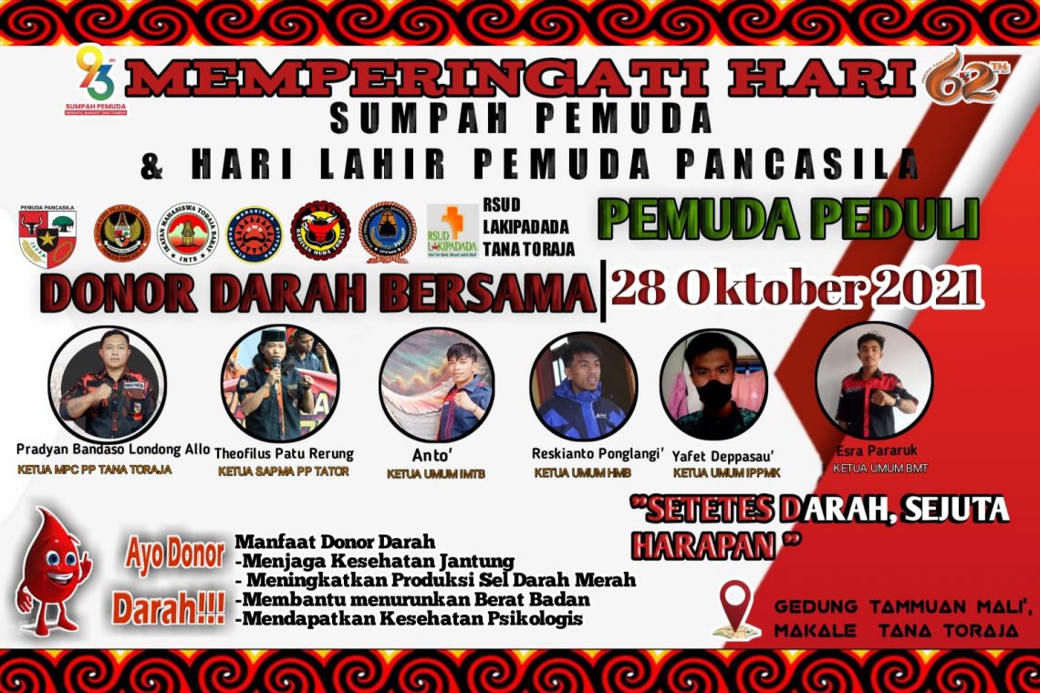 Peringati Hari Sumpah Pemuda dan HUT Pemuda Pancasila ke 62, PP Tana Toraja Gelar Aksi Donor Darah
