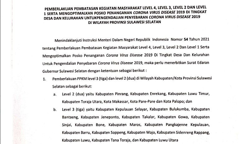 Plt Gubernur Sulsel Keluarkan Surat Edaran Terbaru Penetapan PPKM