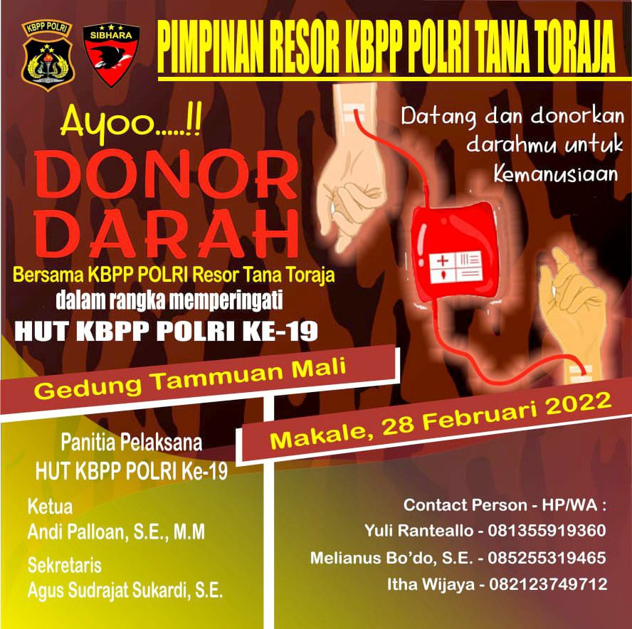 Peringati HUT ke 19, KBPP Polri Tana Toraja Akan Gelar Aksi Donor Darah
