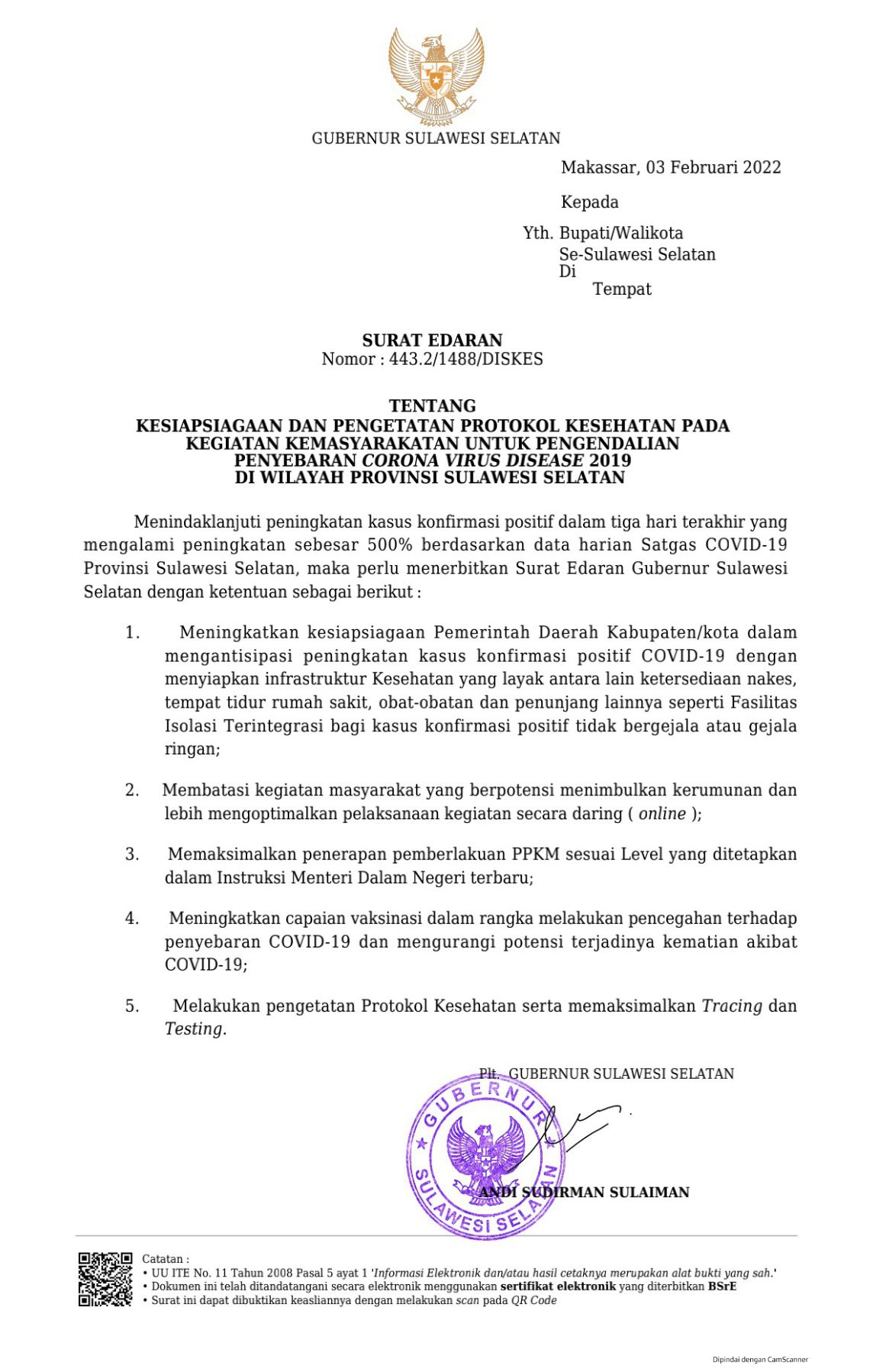 Siaga Peningkatan Covid-19, Plt Gubernur Sulsel Keluarkan Surat Edaran
