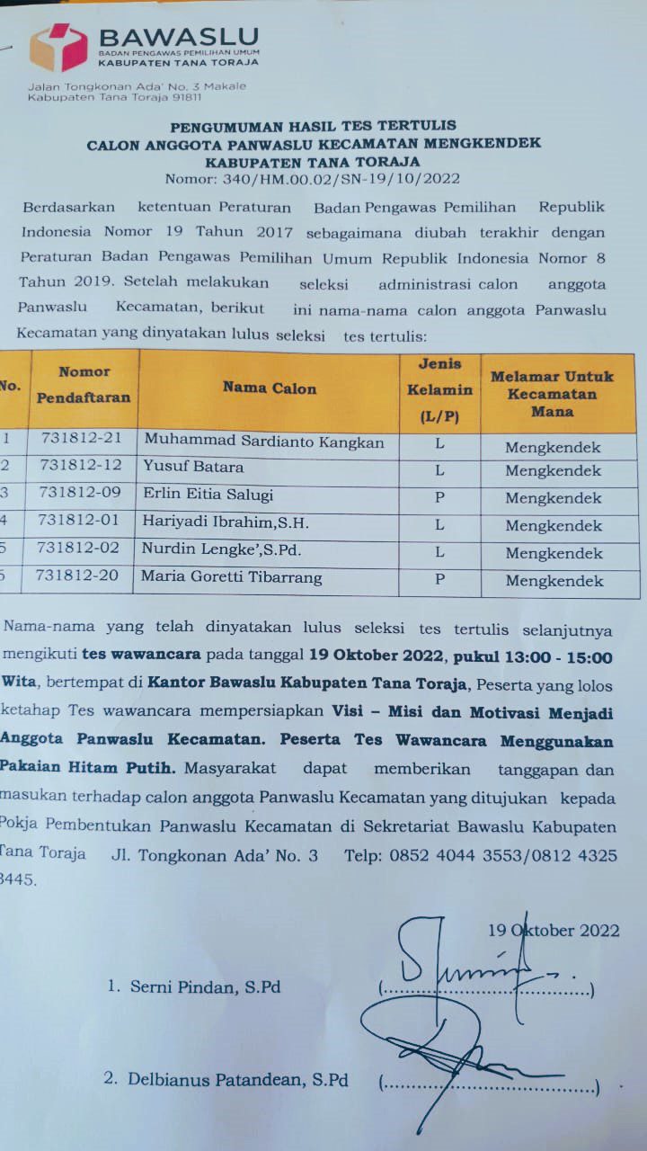 Bawaslu Tana Toraja Revisi Peringkat Calon Panwascam Mengkendek yang Lolos CAT
