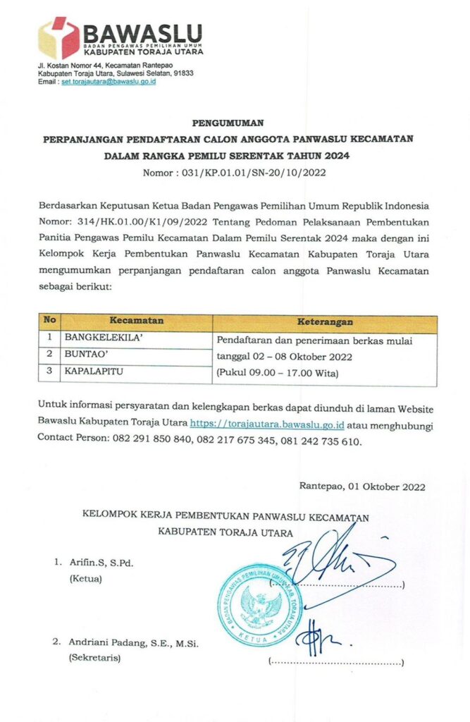 Minim Unsur Perempuan, Pendaftaran Panwaslu di Tiga Kecamatan Toraja Utara Diperpanjang