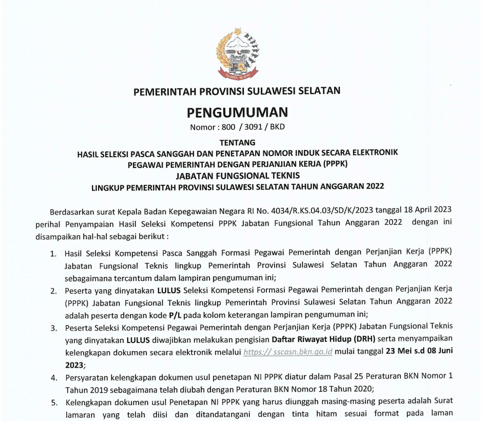 Pengumuman Hasil Seleksi PPPK Tenaga Teknis Pemprov Sulsel 1 Pengumuman Hasil Seleksi PPPK Tenaga Teknis Pemprov Sulsel
