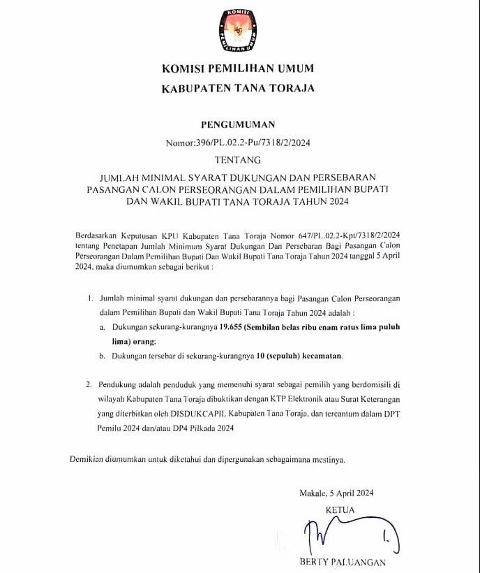 KPU Tana Toraja Tetapkan Syarat Dukungan Calon Perseorangan di Pilkada 2024