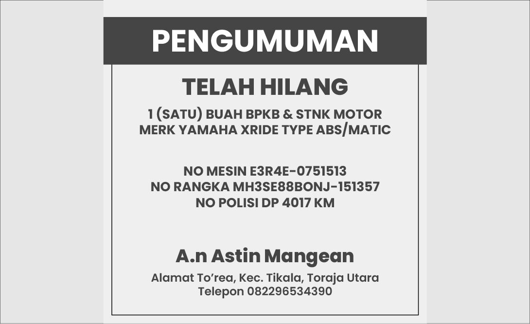Berita Kehilangan Buku Pemilik Kendaraan Bermotor (BPKB)