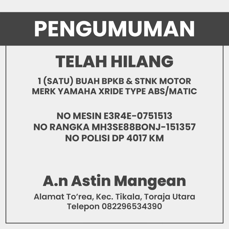 Berita Kehilangan Buku Pemilik Kendaraan Bermotor (BPKB)