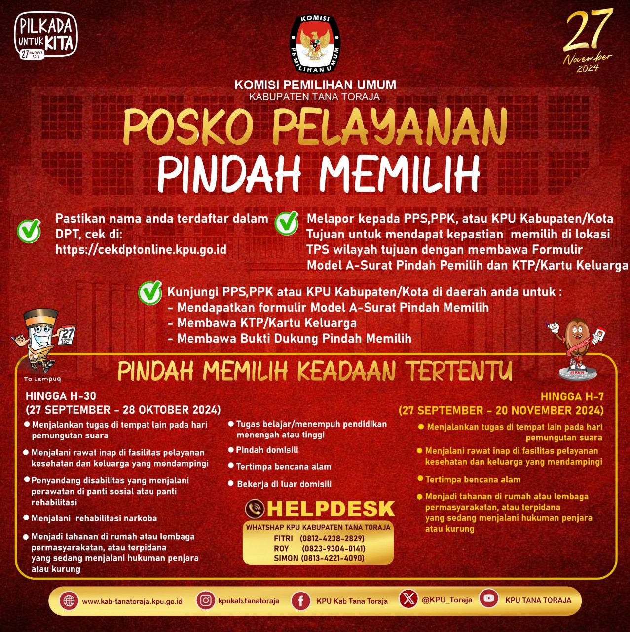 KPU Tana Toraja Siapkan Posko Layanan Pindah Memilih Menjelang Pilkada 2024
