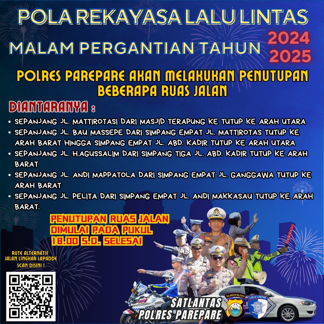 Relayasa Lalu Lintas Malam Tahun Baru 2025 di Kota Parepare ini Ruas Jalan Yang di Tutup