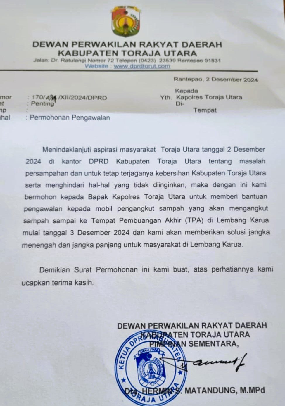 DPRD Toraja Utara Minta Polisi Kawal Truk Sampah Menuju TPA Karua 2 DPRD Toraja Utara Minta Polisi Kawal Truk Sampah Menuju TPA Karua