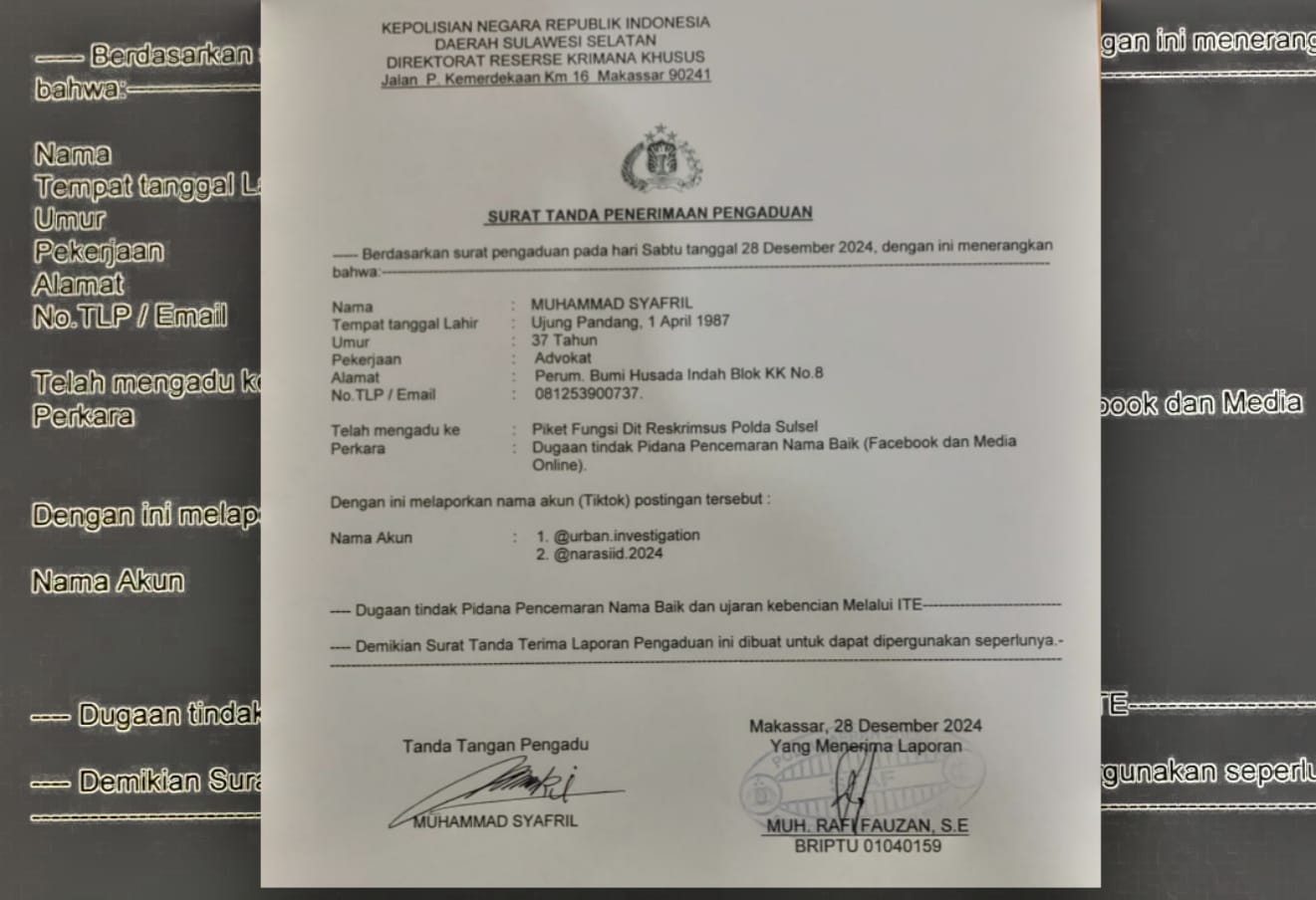 Akun @urban.investigation dan @narasiid2024 Dilaporkan ke Polda Sulsel atas Pencemaran Nama Baik
