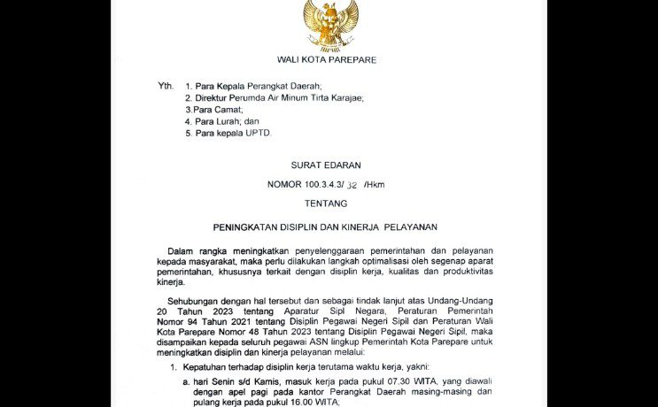 Wali Kota Parepare Keluarkan Surat Edaran Peningkatan Disiplin dan Kinerja Pelayanan ASN