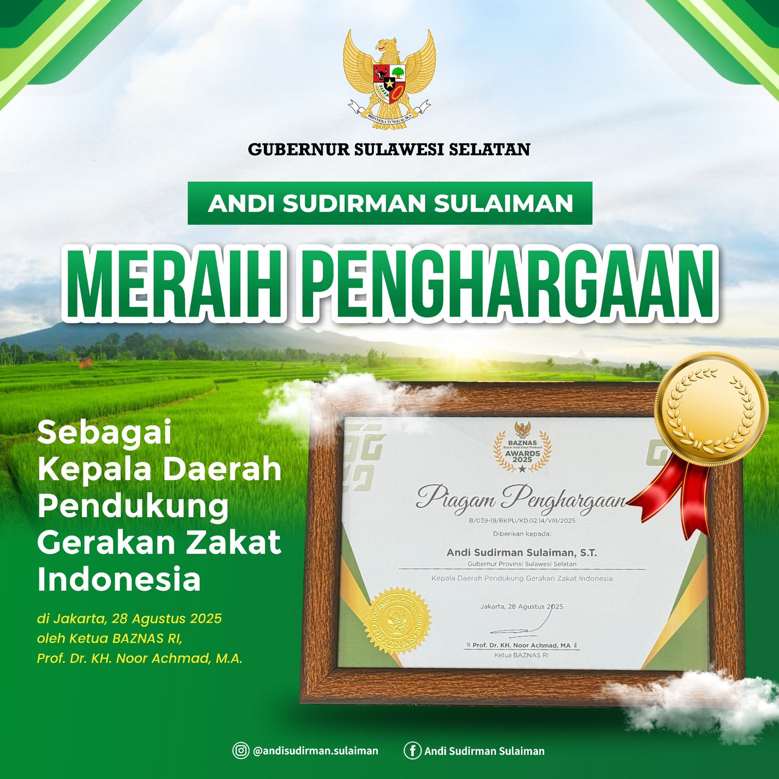 Gubernur Sulsel Andi Sudirman Raih Baznas Awards 2025 atas Dukungan Pengelolaan Zakat