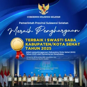 Pemprov Sulsel Raih Penghargaan Terbaik I Swasti Saba Kabupaten/Kota Sehat 2025