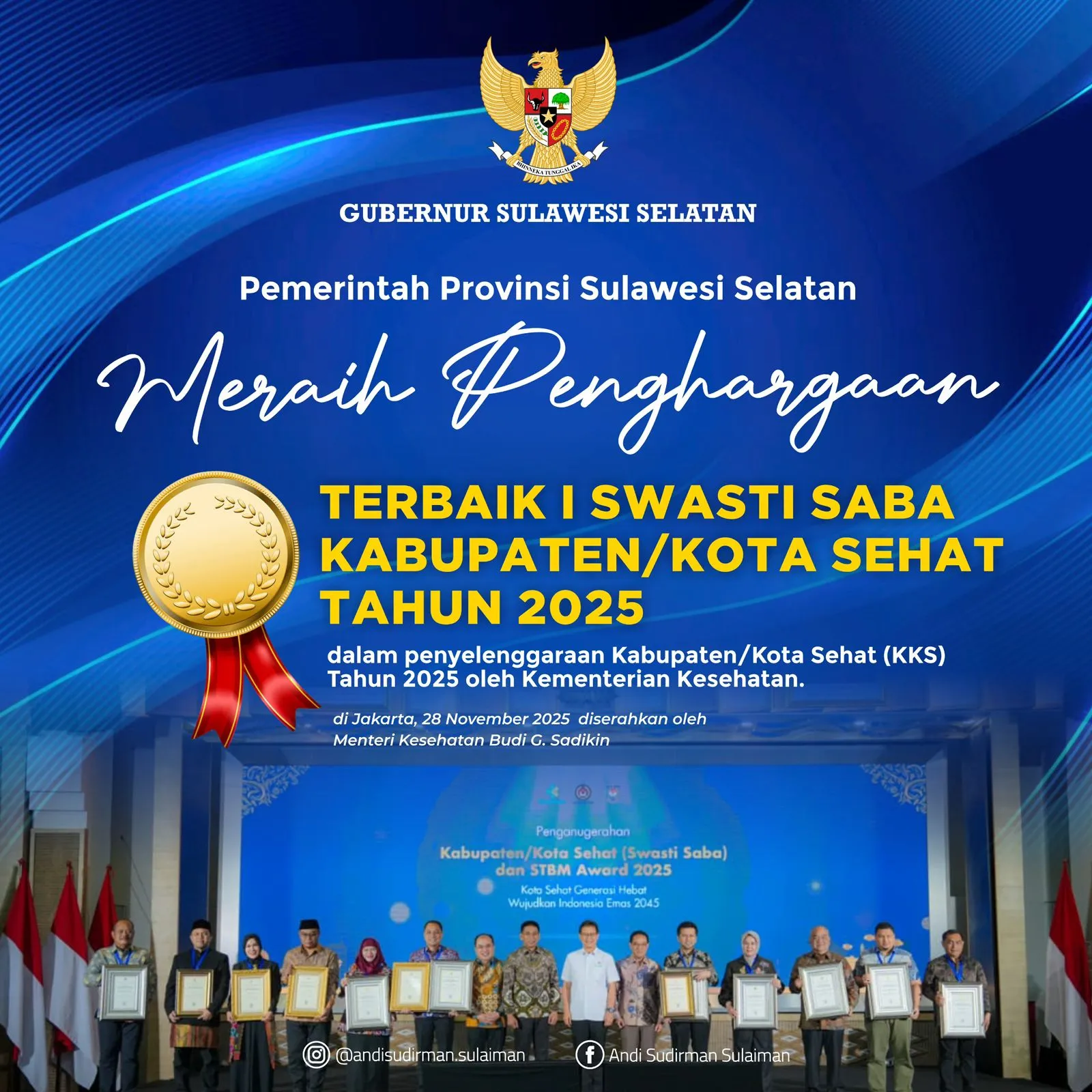 Pemprov Sulsel Raih Penghargaan Terbaik I Swasti Saba Kabupaten/Kota Sehat 2025