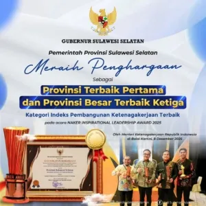 Sulsel Raih Provinsi Terbaik Pertama di Indeks Pembangunan Ketenagakerjaan 2025, Borong Dua Penghargaan Nasional