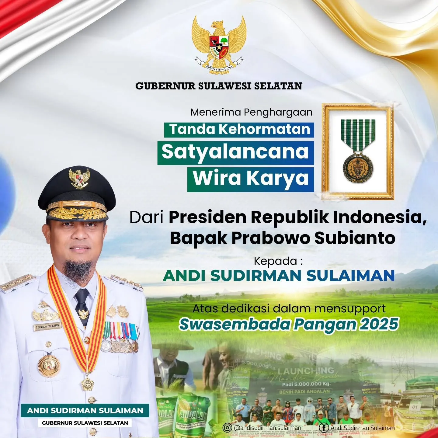 Sukses Genjot Sektor Pertanian, Gubernur Sulsel Terima Satyalancana Wira Karya dari Presiden Prabowo