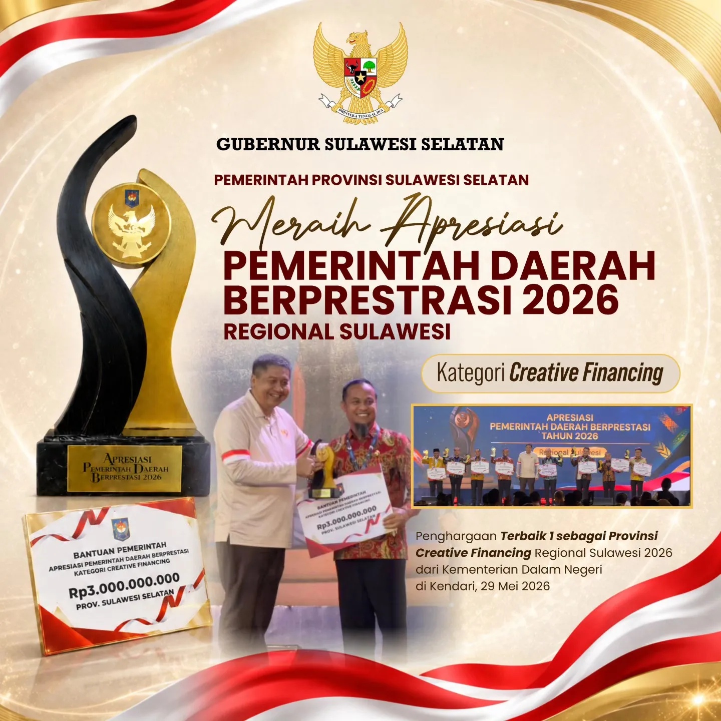 Pemprov Sulsel Raih Penghargaan Terbaik I Creative Financing Regional Sulawesi 2026