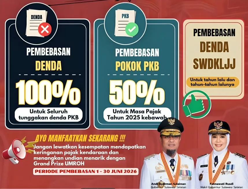 Pemprov Sulsel Luncurkan Program Spesial Juni 2026, Bebas Denda Pajak 100 Persen hingga Grand Prize Mobil